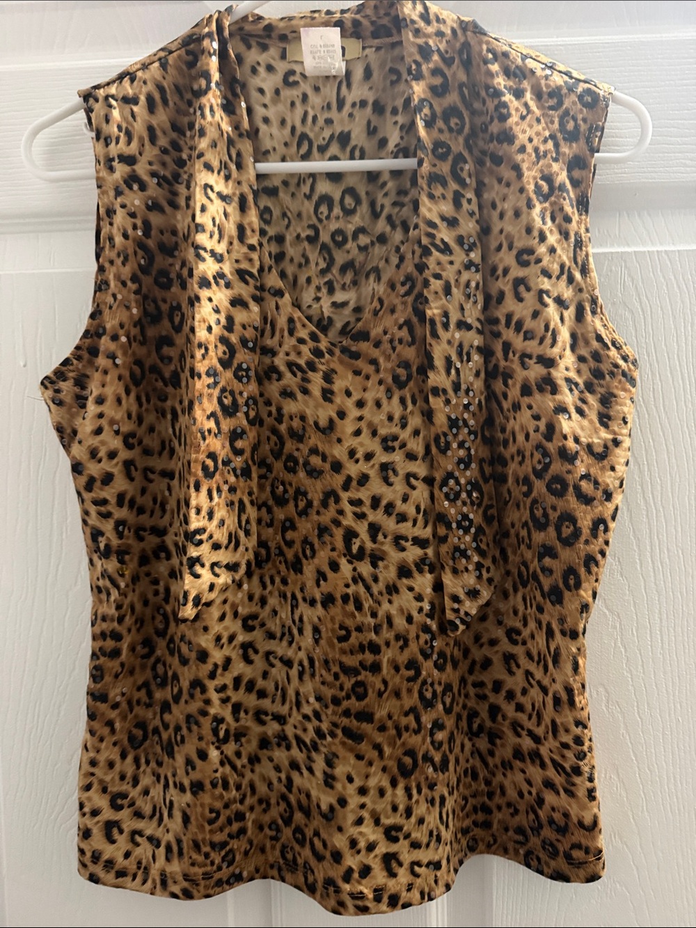Leopard Print Sleeveless Tie-Neck Tank Top - Brown